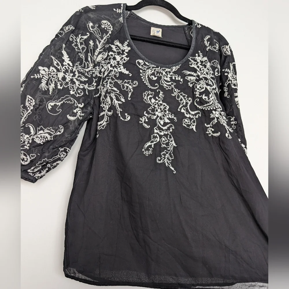 Anthropologie Edme & Esyllte Embroidered Puff Sleeve Cotton Silk Blouse Sz 6
